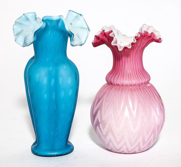 Two mother of pearl vases including a pink satin vase (1 of 1)