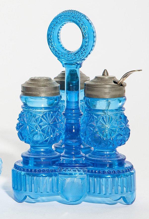 Pressed glass condiment set, blue stand with ring (1 of 1)
