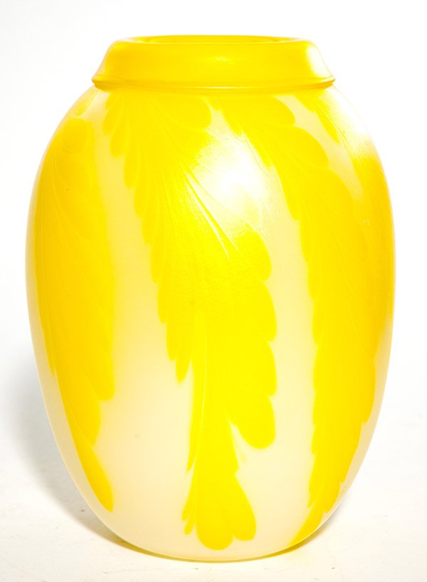 Charles Lotton art glass vase, body in opal with bright: Charles Lotton art glass vase, body in opal with bright yellow stylized feather decoration extending down from the folded over rim, signed "Charles Lotton 1993", 8 1/4" ht.