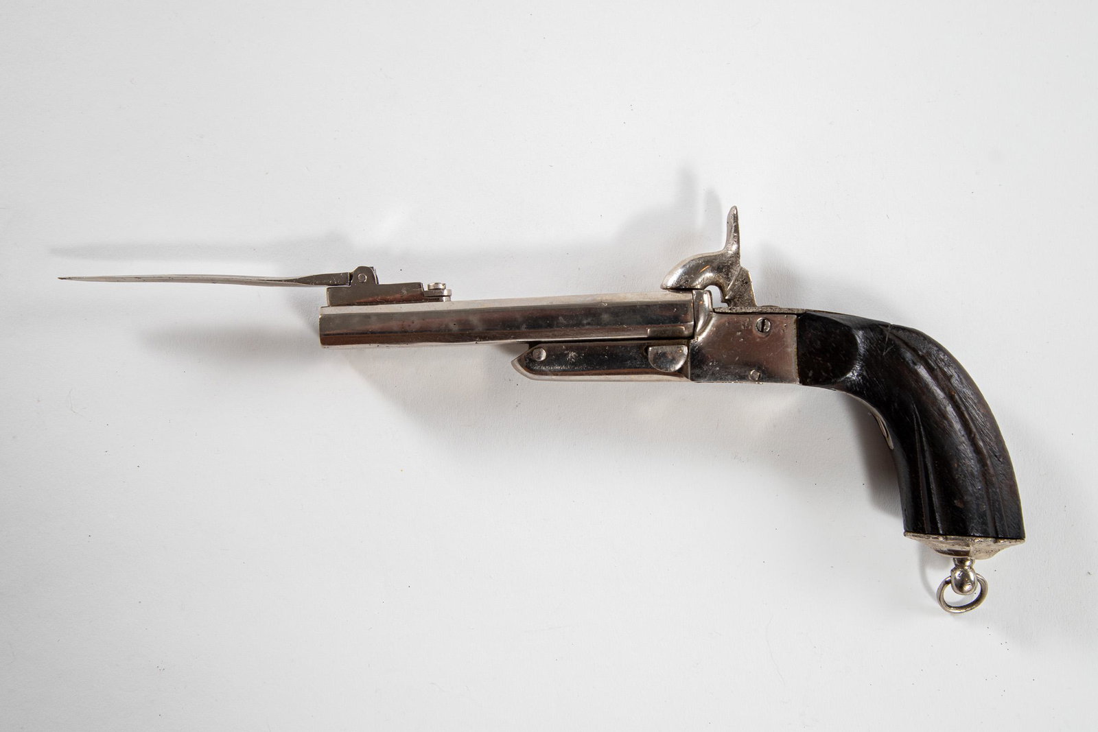 Pinfire 2-shot Pistol with Spring Bayonet: Pinfire 2-shot Pistol with Spring Bayonet and Lanyard. French or Spanish. NO RESERVE.