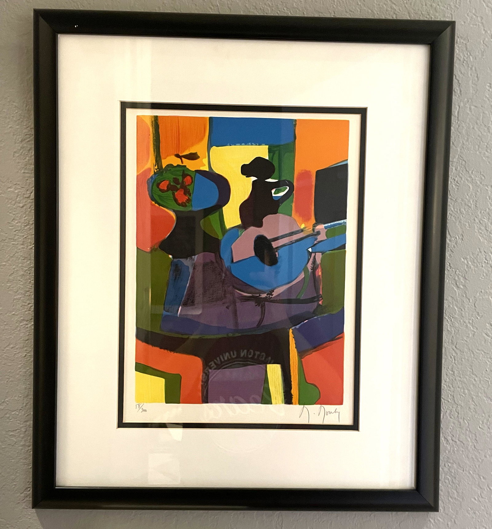Marcel Mouly Le Guitar Bleue Lithograph: Lithograph by Marcel Mouly, French, "Le Guitar Bleue. #18/300. Sight 18" x 14". Overall 24" x 20". Circa 1993.
