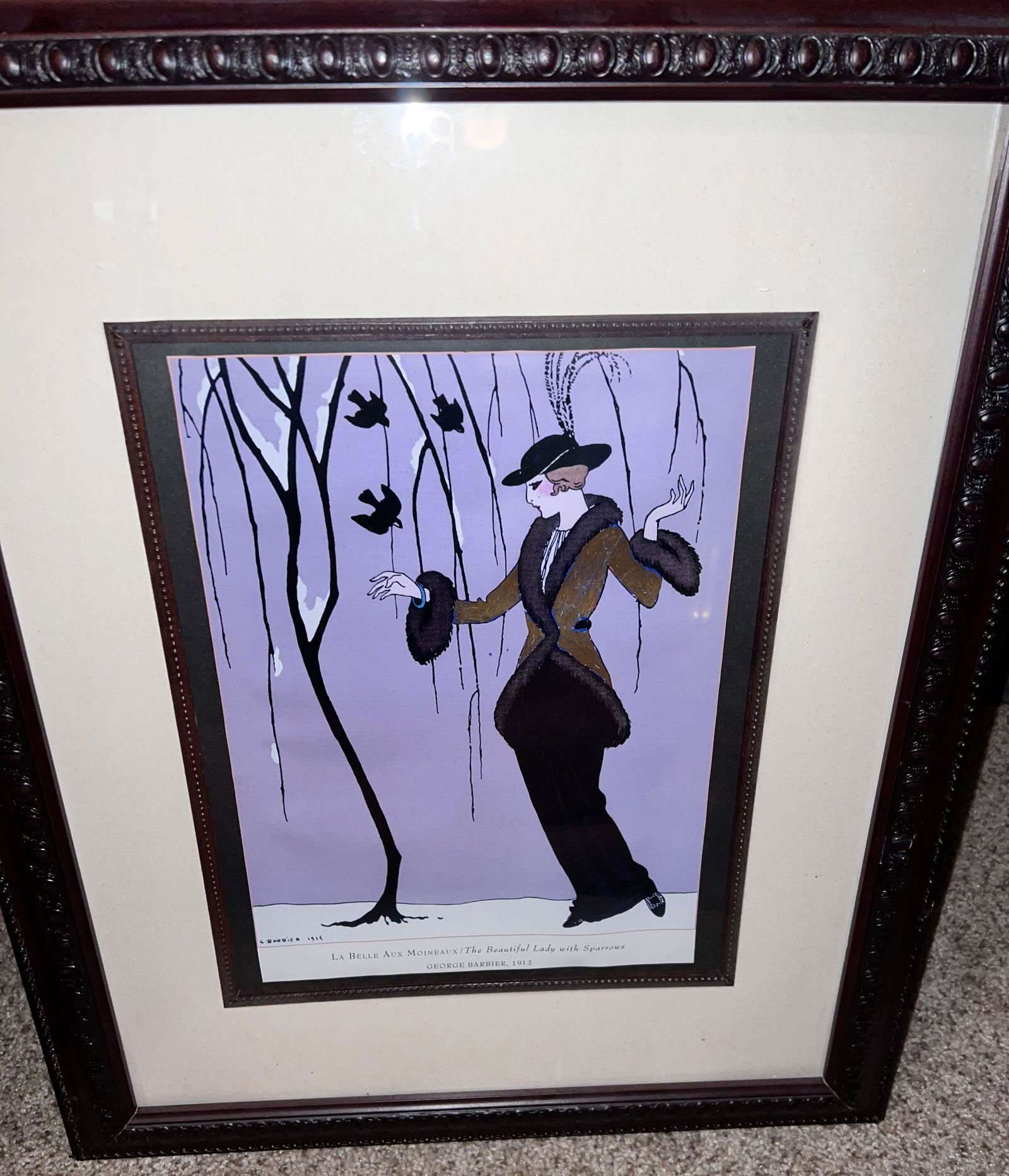 Pair of deco prints: "La Belle Aux Moineaux" by George Barbier and artist signed, 1912. "Robe de Petit Diner" by Paul Meras, 1913. Each framed and matted under glass