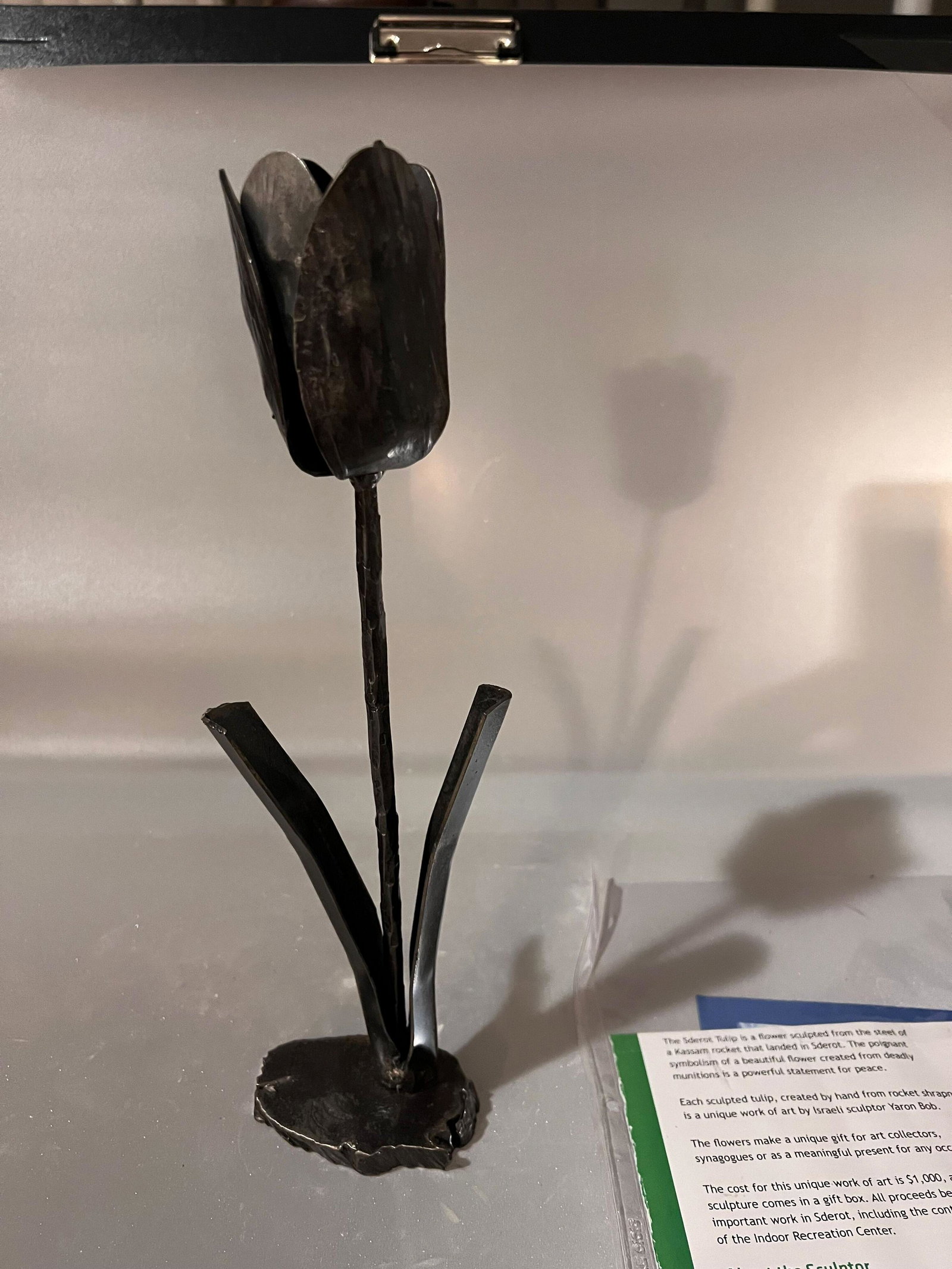 Yaron Bob Sderot Tulip: Sderot Tulip sculpted by Yaron Bob from rocket shrapnel. "The poignant symbolism of a beautiful flower created from deadly munitions is a powerful statement for peace." Yaron Bob is an art teacher and