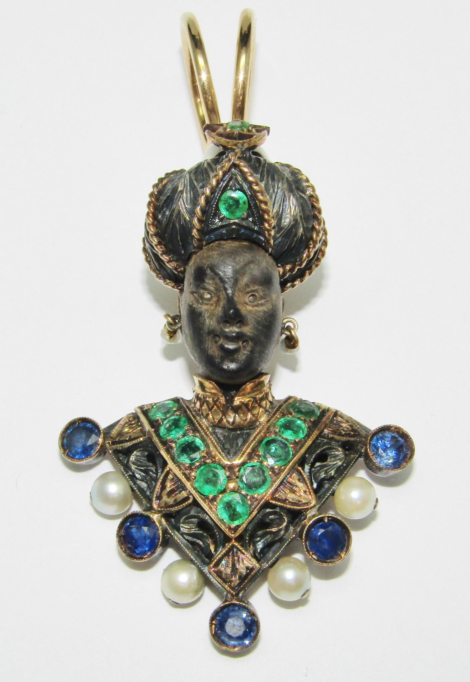Sapphire, Emerald and Pearl Blackamoor 18Kt Gold and Sterling Pendant (1 of 2)