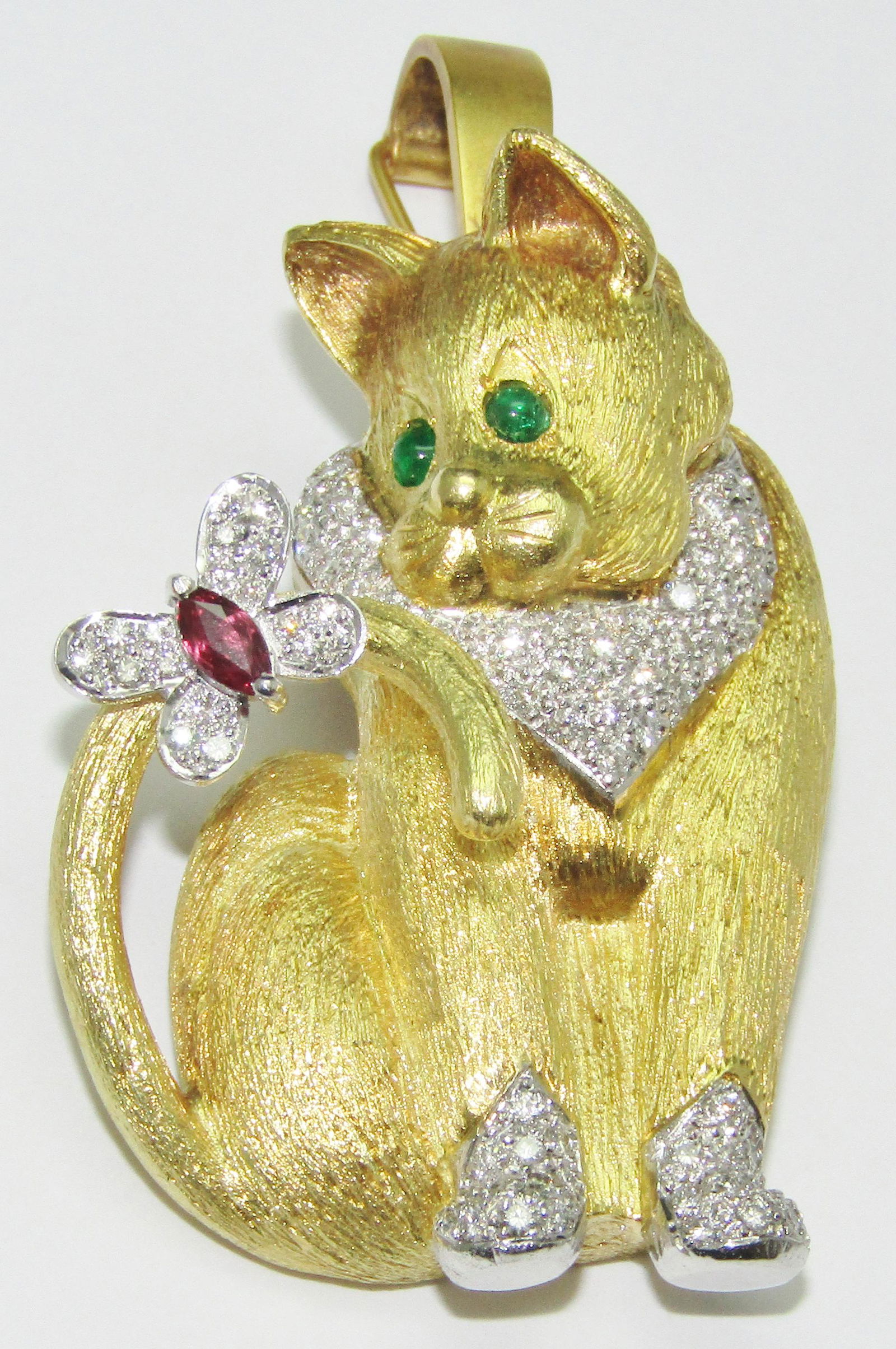 E W & Co. 18Kt Gold Cat and Butterfly Pendant with Emeralds, Diamonds and Ruby (1 of 2)