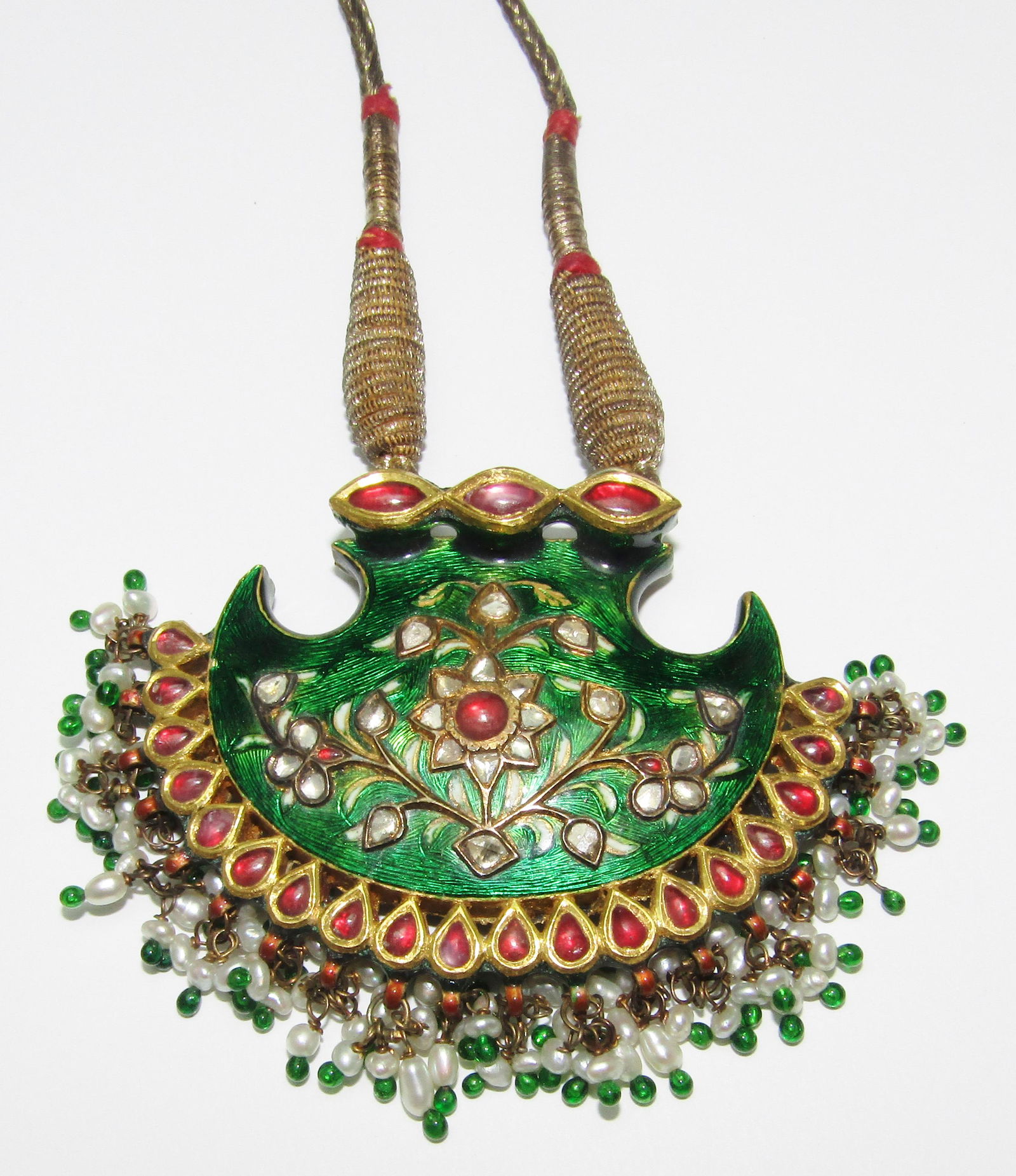 22Kt Cord Necklace with Green Enamel, Diamonds, Rubies, and Pearls (1 of 5)
