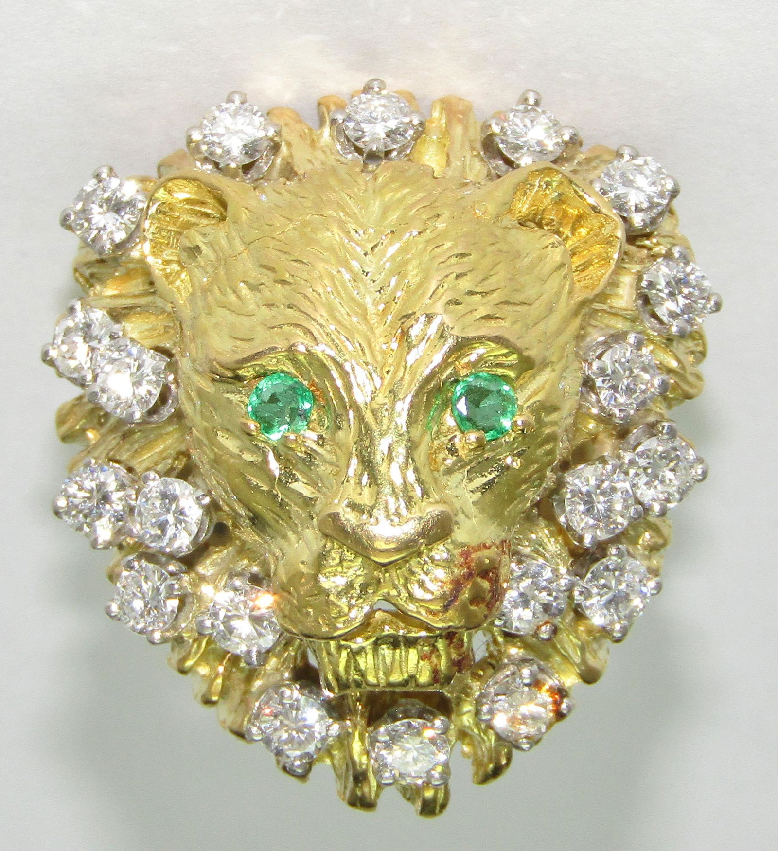 18Kt Gold Lions Head Ring with Diamonds and Emeralds (1 of 1)