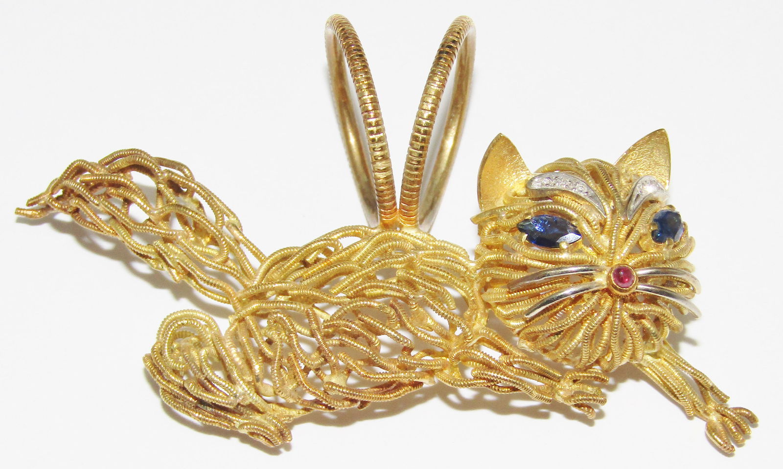 18Kt Gold Wire Cat Pendant with Sapphires, Ruby and Diamonds (1 of 1)