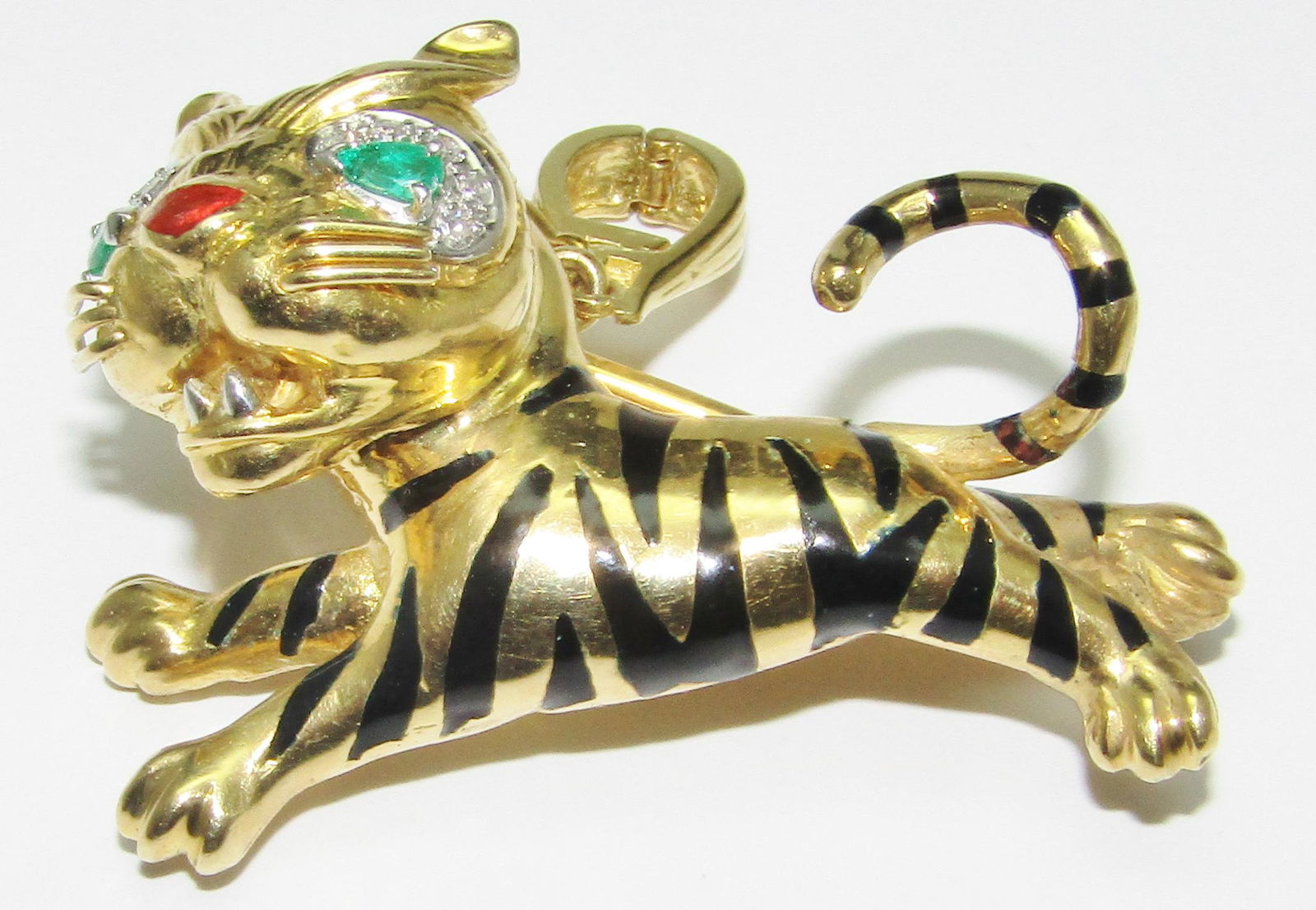18Kt Gold and Enamel Tiger Pin/Pendant with Emeralds and Diamonds (1 of 1)