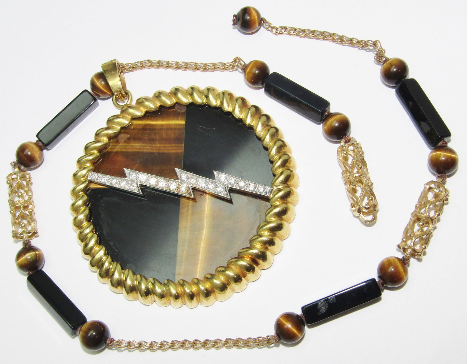 18Kt Gold Circular Pendant with Tigers Eye, Black Onyx and Diamonds (1 of 1)