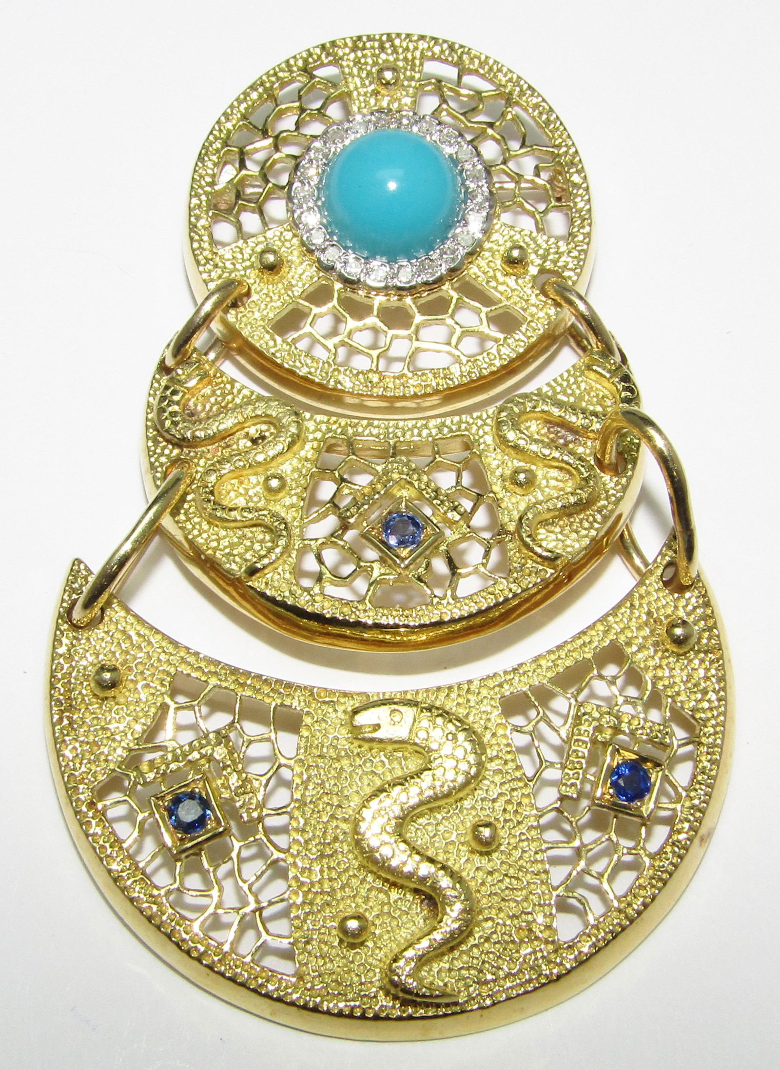 18Kt Gold Pin/Pendant with Turquoise and Sapphires (1 of 1)