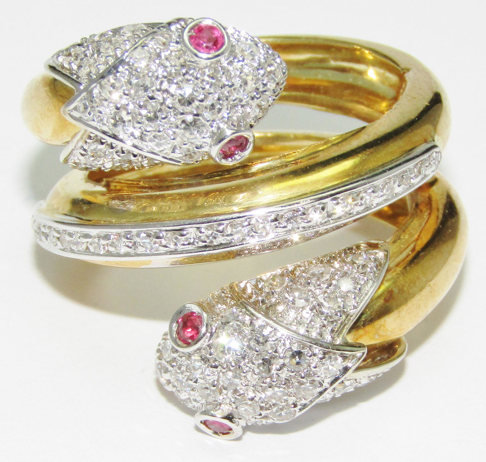 18Kt White & Yellow Gold Double Snake Ring with Diamonds and Rubies (1 of 1)