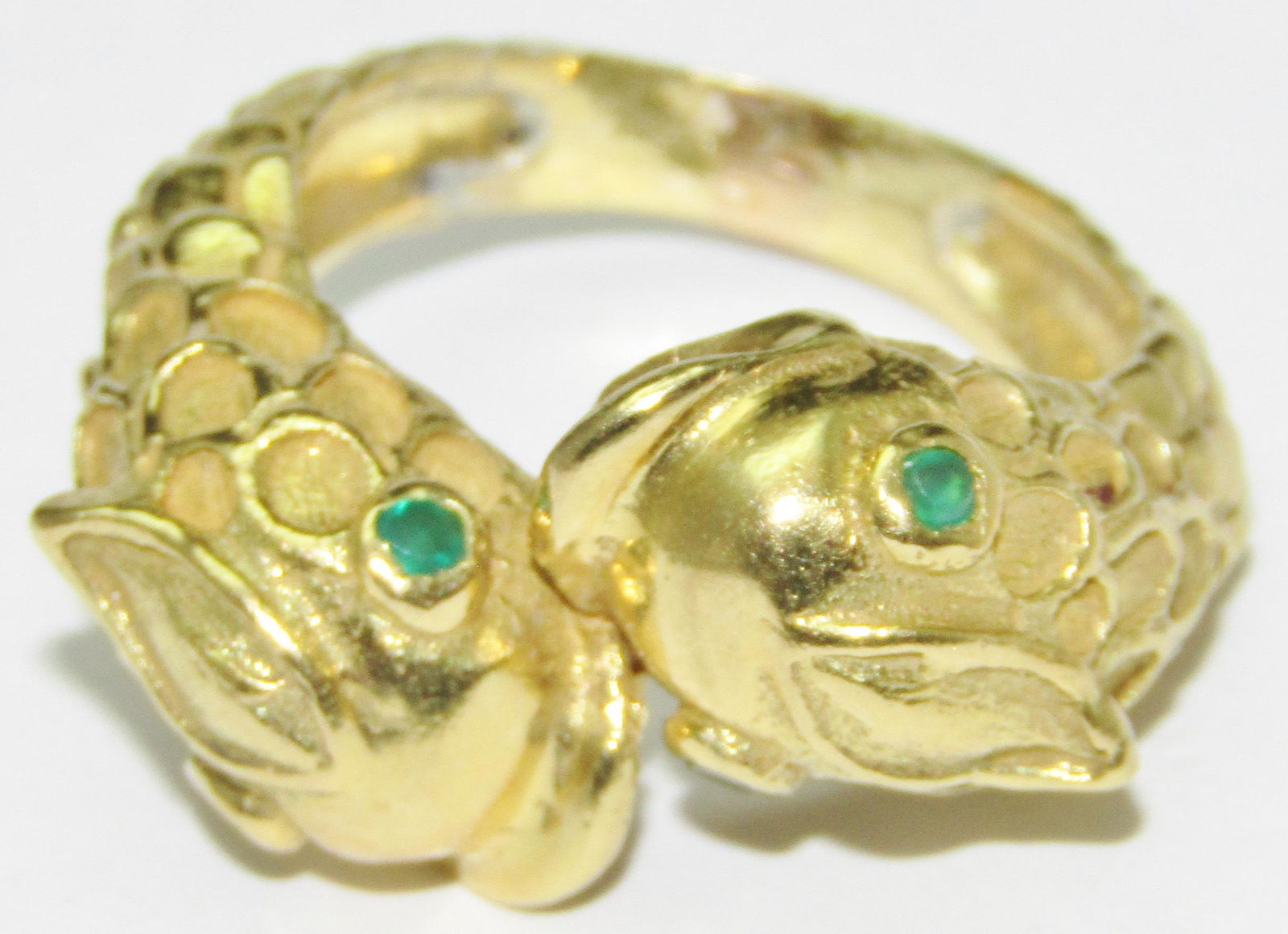18Kt Gold Bypass Two Fish Ring with Emeralds (1 of 1)