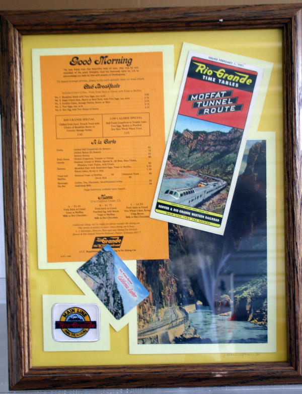 FRAMED RIO GRANDE 1951 TIME TABLE, 1977 MENU, CAL: FRAMED RIO GRANDE 1951 TIME TABLE, 1977 MENU, CAL ZYPHER POST CARD, RIO GRANDE CLOTH PATCH, VERY OLD ROYAL GORGE LITHO. SIGNED ""J. ALLEN GREEN 91"". Box: NO RR ITEMS