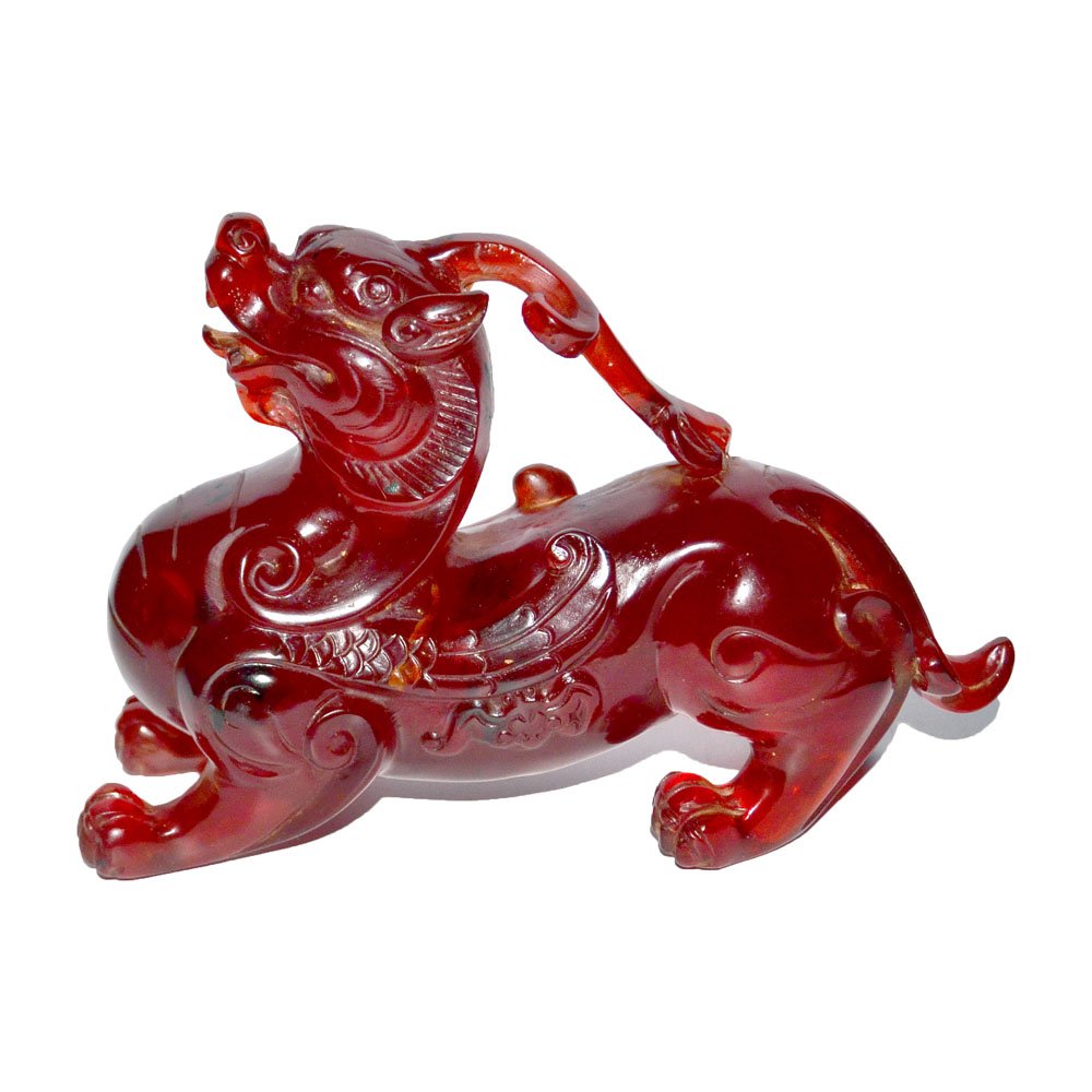 A Large Amber Figure Carving of Qilin with a Long Horn (1 of 6)