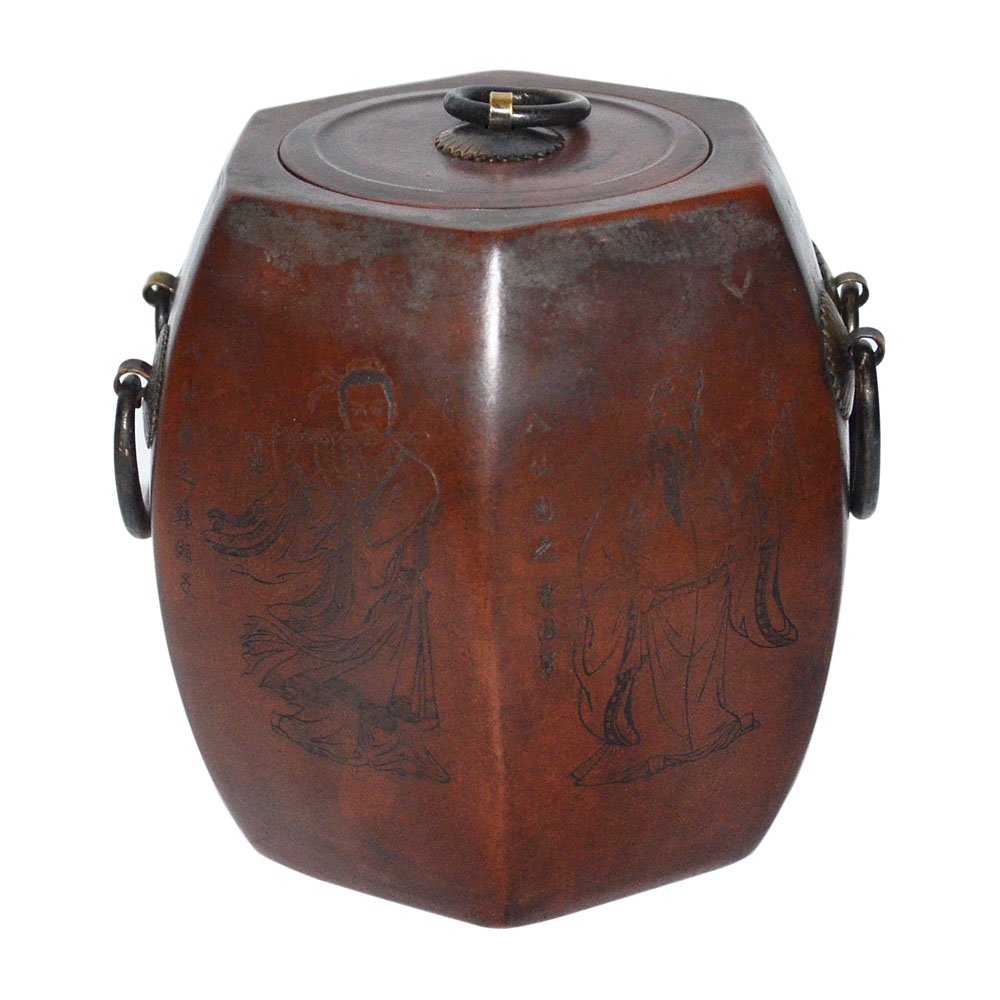 Zisha Hexagonal Tea Caddy carved with Figures (1 of 9)