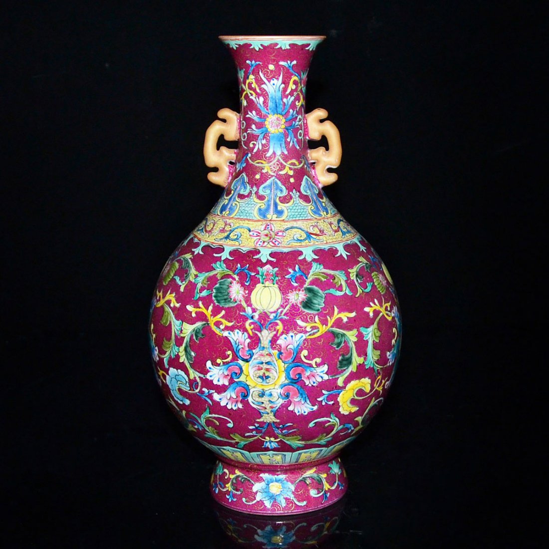 Qing, Famille-Rose Ruby Ground Enameled Sgraffiato Vase (1 of 8)