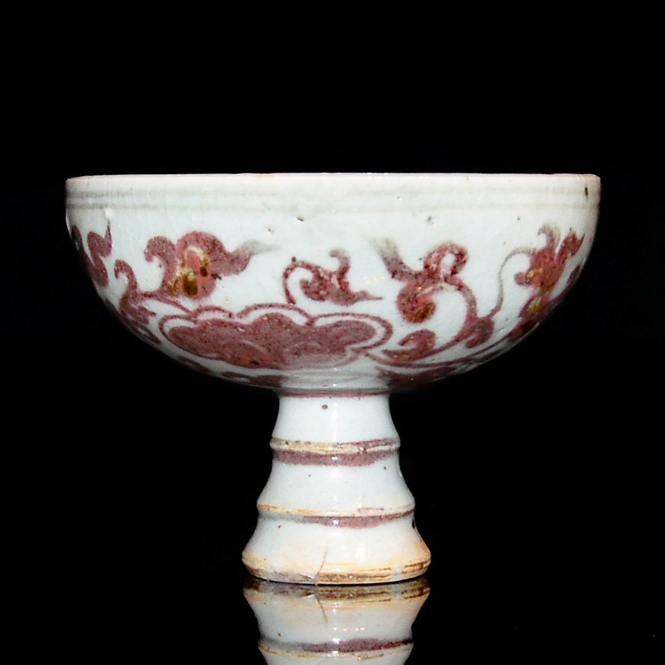 Yuan, A Rare Copper-Red Stem Cup with Floral Scrolls (1 of 3)