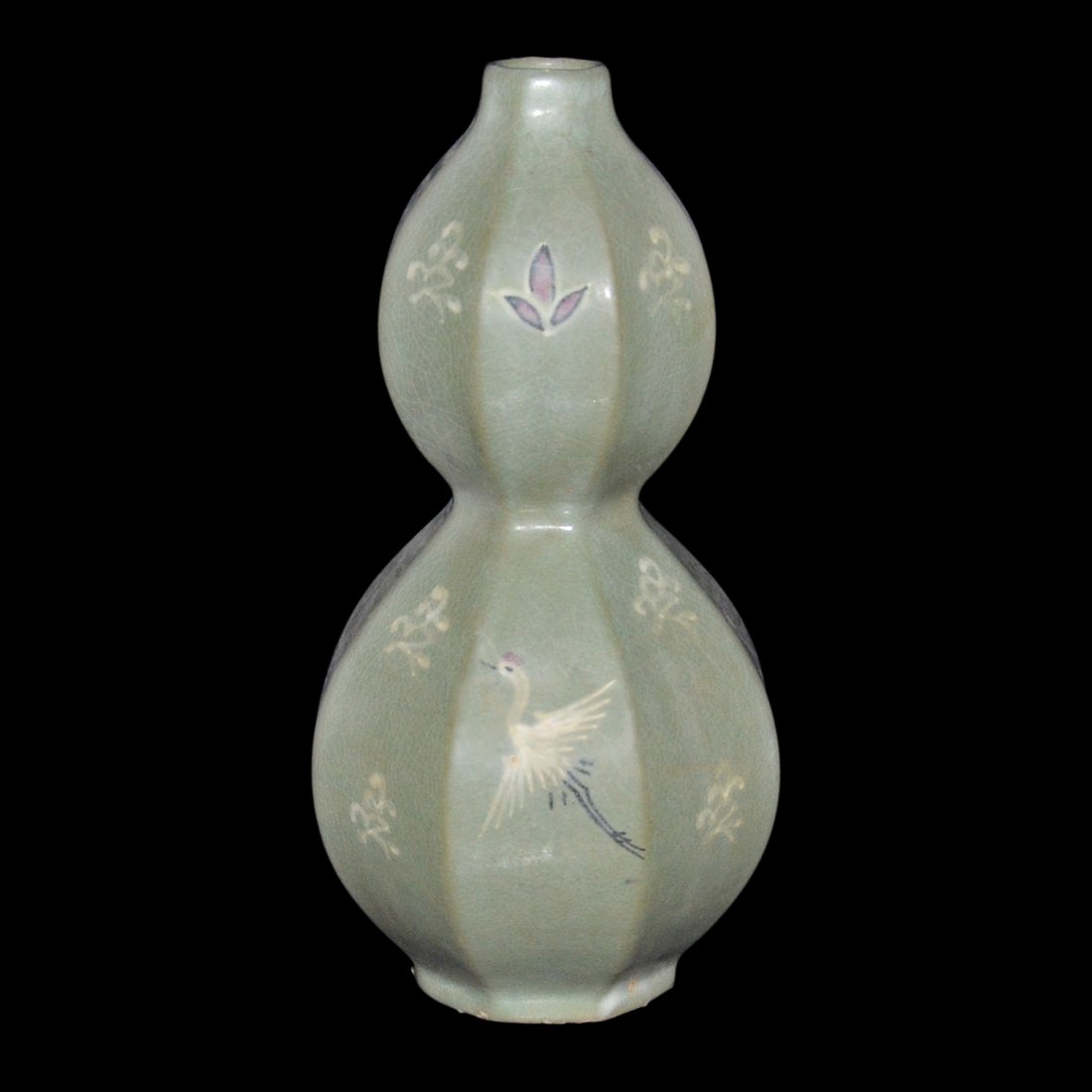 Korean 19th C Lobed Double Gourd Vase with Crane Motifs (1 of 4)
