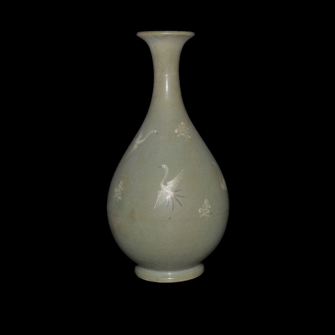 Korean 19th C, Celadon-glazed Yuhuchunping with Cranes (1 of 5)