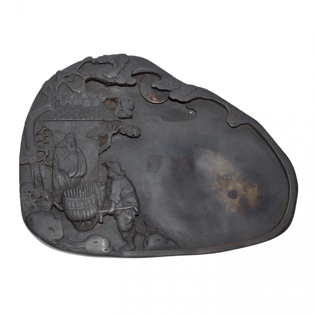 A Well Carved Duan Inkstone with Story Scene of: 人物雕刻(雪中送炭)端砚 A Well Carved Duan Inkstone with Story Scene of Bringing Logs in Winter Days as Timely Assistance Length: 10⅝ i