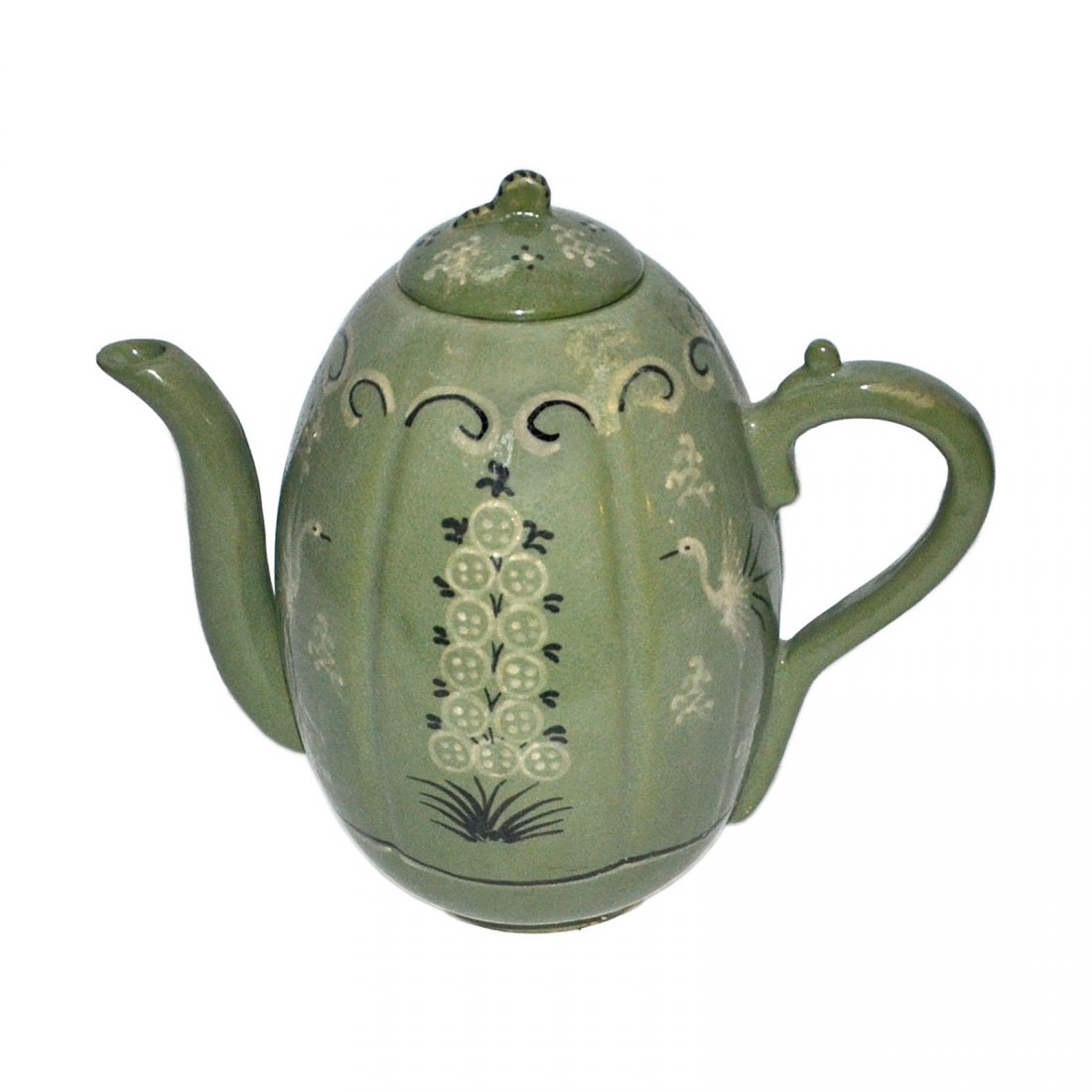 Korea, Green-glazed Melon-shaped Bird and Flower Ewer (1 of 8)