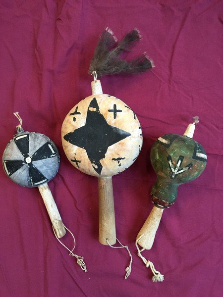 3 Hopi Rattles: 1920's Hopi Rattles, Beautifully painted black on white with feathers, blue, black and green, and black rattles. Many rattles date back to historic times, perfect accompaniment to Native American cere