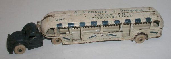 ARCADE CENTURY OF PROGRESS BUS: circa 1933 – 12" long. The 2nd largest of these buses that Arcade made. Excellent condition overall with a few minor spots of paint loss. (Exc cond)