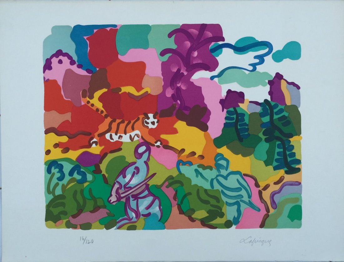 Charles Lapicque ˜La Chasse au tigre". Hand signed: Charles Lapicque â€˜La Chasse au tigreâ€™ . Hand signed with Pencil and Numbered 16/120 Lithograph. Beautifully lithograph from lapicqueâ€™s tiger series representing a tiger and 2 hunte