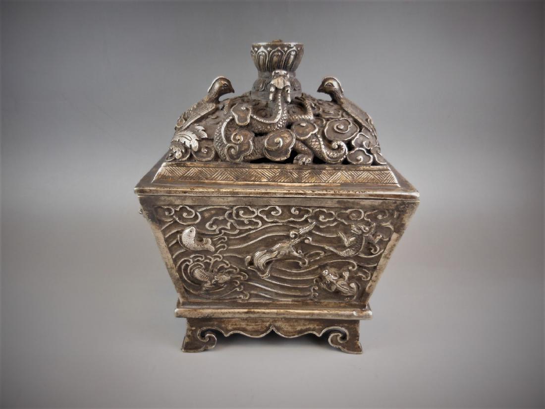 A Chinese  Qing dynasty  silver on bronze censer (1 of 9)