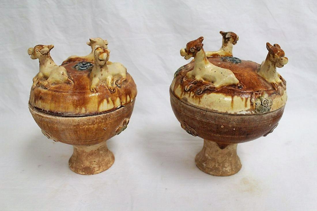 Pair Chinese Tang period pottery food jar (dou): Pair Chinese Tang period pottery food jar (dou), H: 19cm each. Provenance: property from the collection of Johan Carl Kempe. 唐三彩帶蓋食品罐（