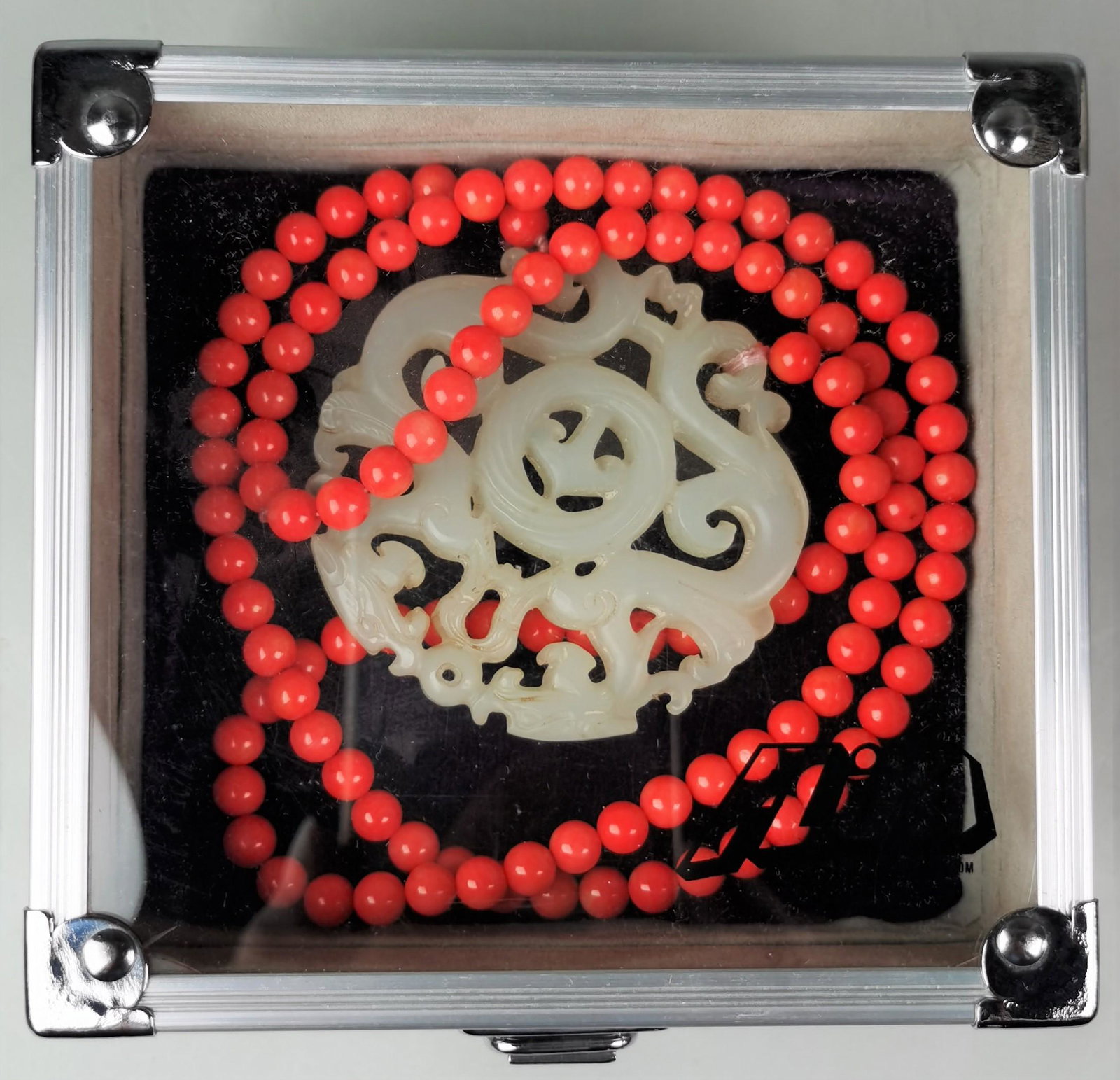 Chinese red coral necklace with hetian white jade (1 of 6)