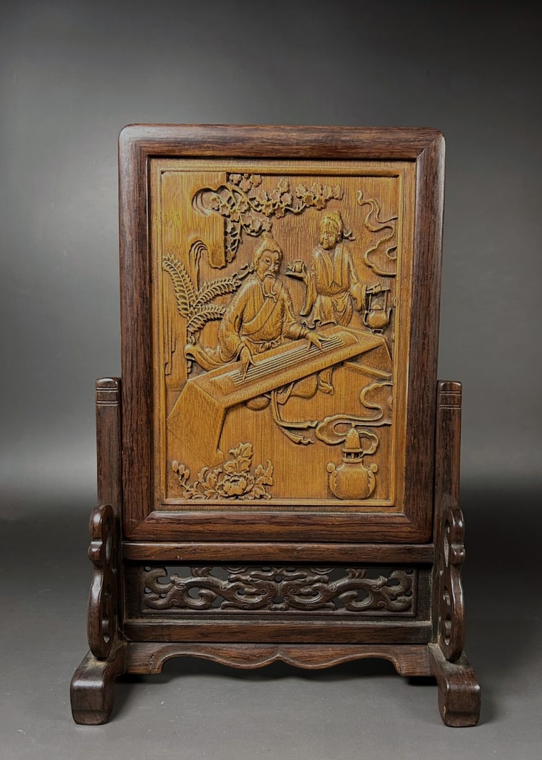 Chinese bamboo screen carved figures (1 of 5)