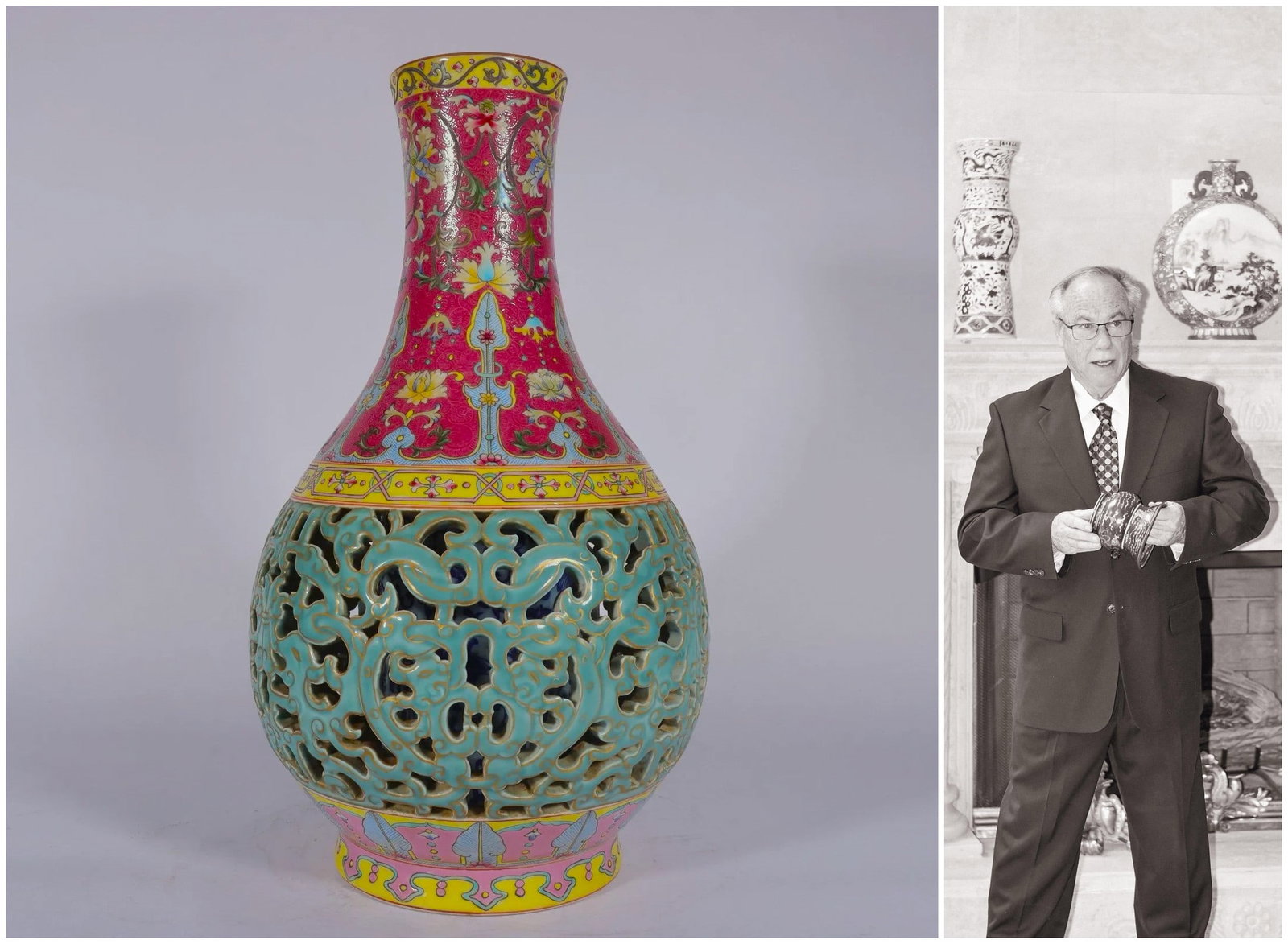 Chinese qing dynasty famille rose and hollow vase, with inside blue and white vase: Chinese qing dynasty famille rose and hollow vase, with inside blue and white vase H: 40cm, W: 20cm Provenance: from the collections of a private collector Mr. Arlin Holmes (1951-2019) south Atlanta, 