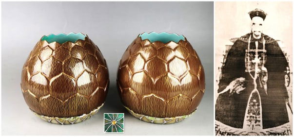 Pair gilt brwn-glazed porcelain brush waster