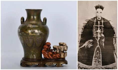 Chinese imitation bronze gilt and silver porcelain vases