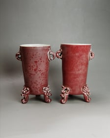 Pair Chinese Qing style red glazed porcelain tripod censers