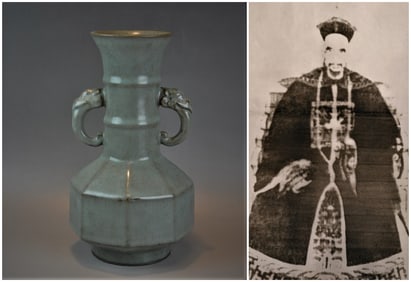Chinese song dynasty guan-yao celadon glazed and double eared porcelain vase