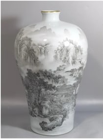 Chinese white glazed porcelain meiping decoration black landscape motif