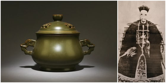 Chinese tea-glazed double eared incense burner with lid
