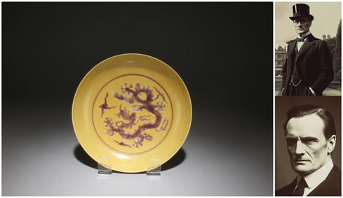 Chinese yellow glazed porcelain plate, decoration brown dragons
