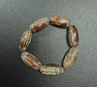 Chinese ancient ‘liang zhu’ jade carved bead bracelet
