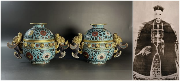Pair Chinese ming dynasty cloisonne enamel jars with lid