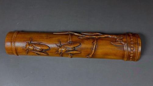 Chinese wood arm rest carved cicadas and bamboo