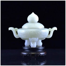 Chinese hetian white jade carved censer with lid