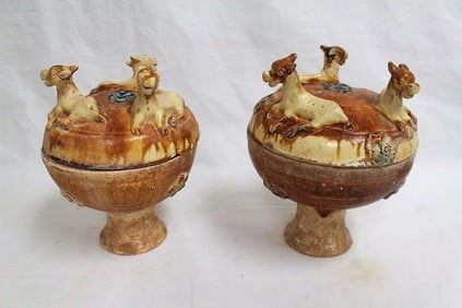 Pair Chinese pottery food jar (dou)