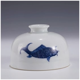 Chinese white glazed with blue fish motif porcelain brush washer