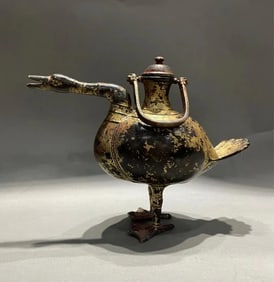 Chinese gilt bronze carved bird wine pot