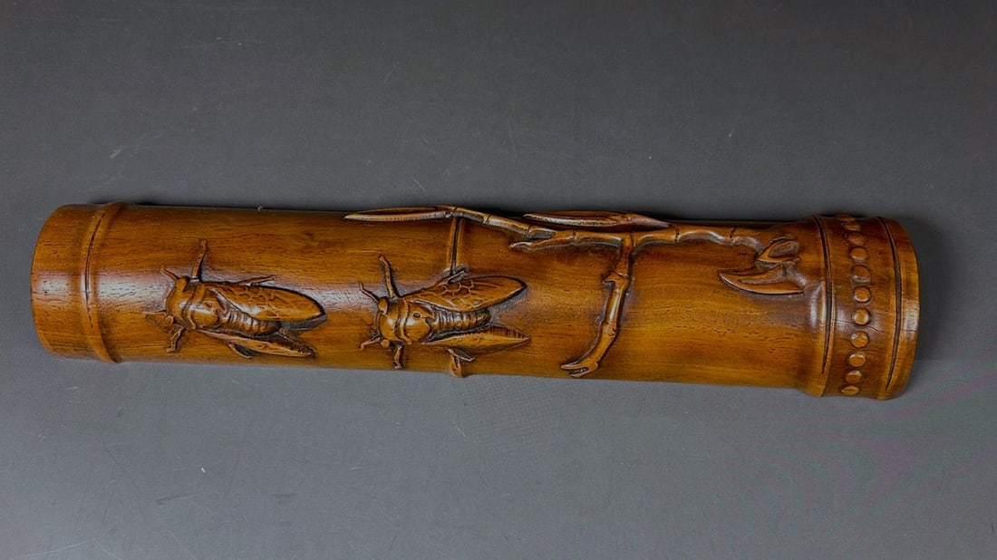 Chinese wood arm rest carved cicadas and bamboo (1 of 6)