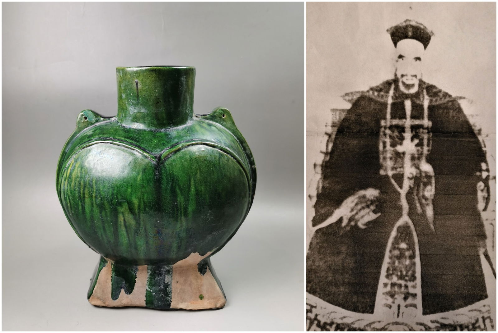 Chinese early Tang period green glazed porcelain pilgrim flask: Chinese early Tang period green glazed porcelain pilgrim flask, with AI detection Approx. H 22 x W 19 cm(H 8.6 x W 7.5 inches)Provenance: Property from the private Jian family collection. Chengrong Ji